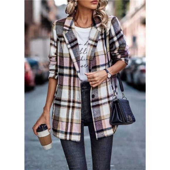 Women's 2024 Plaid Shacket Jacket Casual Button Wool Blend Winter Trench Coat - Picture 2 of 7
